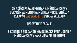 SE AÇÕES PARA AUMENTAR A MÉTRICA-CHAVE
GERAREM AUMENTO NA MÉTRICA NORTE, ENTÃO, A
RELAÇÃO CAUSA-EFEITO ESTARÁ VALIDADA
APROVEITE E ESCALE!
E CONTINUE BUSCANDO NOVOS HACKS PARA JOGAR A
MÉTRICA-CHAVE PARA CIMA AD INFINITUM
 
