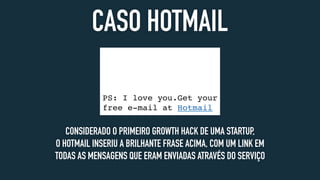 CASO HOTMAIL
CONSIDERADO O PRIMEIRO GROWTH HACK DE UMA STARTUP,
O HOTMAIL INSERIU A BRILHANTE FRASE ACIMA, COM UM LINK EM
TODAS AS MENSAGENS QUE ERAM ENVIADAS ATRAVÉS DO SERVIÇO
 
