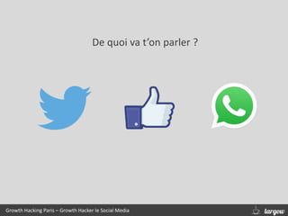 De quoi va t’on parler ?
Growth Hacking Paris – Growth Hacker le Social Media
 