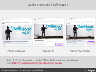 Quelle différence à l’affichage ?
Growth Hacking Paris – Growth Hacker le Social Media
Post lien classique Facebook Ad Post via Power Editor
Nota : 2 et 3, la photo doit respecter 20% de texte maximum dans l’image.
Tool : https://www.facebook.com/ads/tools/text_overlay
 