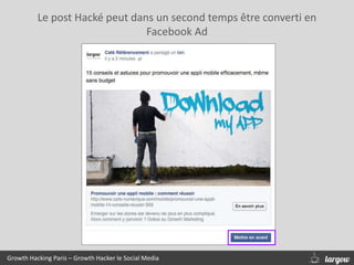 Le post Hacké peut dans un second temps être converti en
Facebook Ad
Growth Hacking Paris – Growth Hacker le Social Media
 