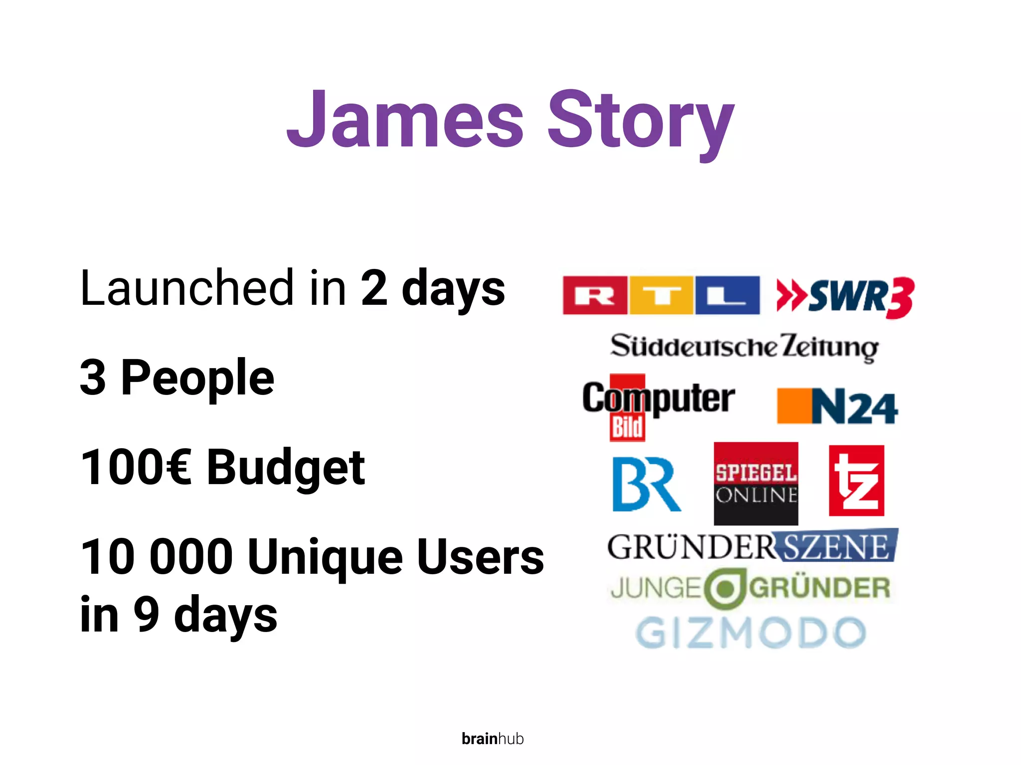 James Story
Launched in 2 days
3 People
100€ Budget
10 000 Unique Users
in 9 days
brainhub
 