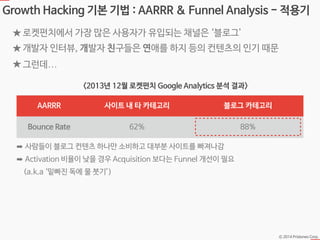 Ⓒ 2014 Pristones Corp.
Growth Hacking 기본 기법 : AARRR & Funnel Analysis - 적용기
★ 로켓펀치에서 가장 많은 사용자가 유입되는 채널은 ‘블로그’
★ 개발자 인터뷰, 개발자 친구들은 연애를 하지 등의 컨텐츠의 인기 때문
★ 그런데…
AARRR 사이트 내 타 카테고리 블로그 카테고리
Bounce Rate 62% 88%
<2013년 12월 로켓펀치 Google Analytics 분석 결과>
➡ 사람들이 블로그 컨텐츠 하나만 소비하고 대부분 사이트를 빠져나감
➡ Activation 비율이 낮을 경우 Acquisition 보다는 Funnel 개선이 필요
(a.k.a ‘밑빠진 독에 물 붓기’)
 