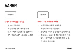 © NBT All Rights Reserved.
AARRR
Revenue Referrer
• 커머스라면 구매
• 게임이라면 유료 아이템 구매
• 무료 서비스라면 광고를 통한 수익
• KPI : 매출액, eCPM, 총 광고 노출량
• 제품의 핵심가치를 이해한후
최종적으로 도달하는 단계
• 일반적인 서비스는 정확한 측정이 어려움
• Referrer시 reward를 주는 형태 흔히 사용
• KPI : 신규인입중 추천을 통한 인입 비율,
가입자당 추천 비율
유저가 수익/매출을 가져옴 유저가 다른 유저들을 데려옴
 