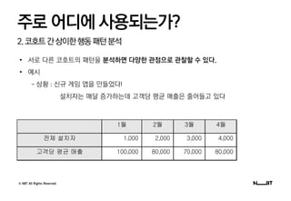 © NBT All Rights Reserved.
2.코호트간상이한행동패턴분석
주로 어디에 사용되는가?
• 서로 다른 코호트의 패턴을 분석하면 다양한 관점으로 관찰할 수 있다.
• 예시
- 상황 : 신규 게임 앱을 만들었다!
설치자는 매달 증가하는데 고객당 평균 매출은 줄어들고 있다
1월 2월 3월 4월
전체 설치자 1,000 2,000 3,000 4,000
고객당 평균 매출 100,000 80,000 70,000 80,000
 