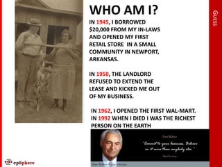 WHO AM I?




                                        GUESS
IN 1945, I BORROWED
$20,000 FROM MY IN-LAWS
AND OPENED MY FIRST
RETAIL STORE IN A SMALL
COMMUNITY IN NEWPORT,
ARKANSAS.

IN 1950, THE LANDLORD
REFUSED TO EXTEND THE
LEASE AND KICKED ME OUT
OF MY BUSINESS.

IN 1962, I OPENED THE FIRST WAL-MART.
IN 1992 WHEN I DIED I WAS THE RICHEST
PERSON ON THE EARTH
 