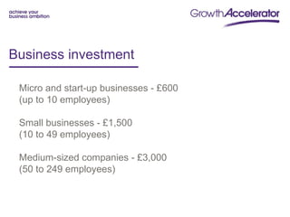 Business investment

 Micro and start-up businesses - £600
 (up to 10 employees)

 Small businesses - £1,500
 (10 to 49 employees)

 Medium-sized companies - £3,000
 (50 to 249 employees)
 