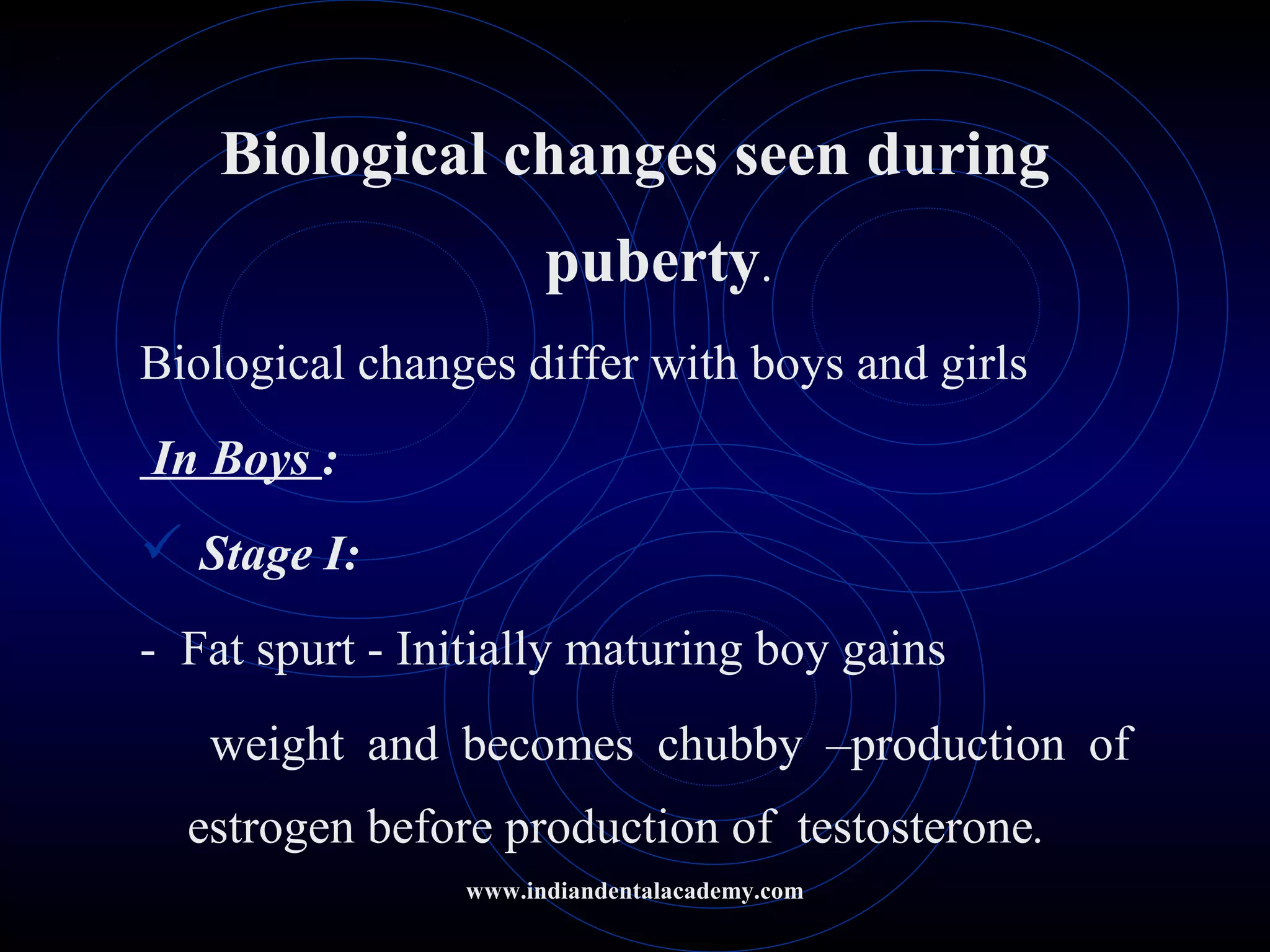 Biological changes seen during
puberty.
Biological changes differ with boys and girls
In Boys :
 Stage I:
- Fat spurt - Initially maturing boy gains
weight and becomes chubby –production of
estrogen before production of testosterone.
www.indiandentalacademy.com
 