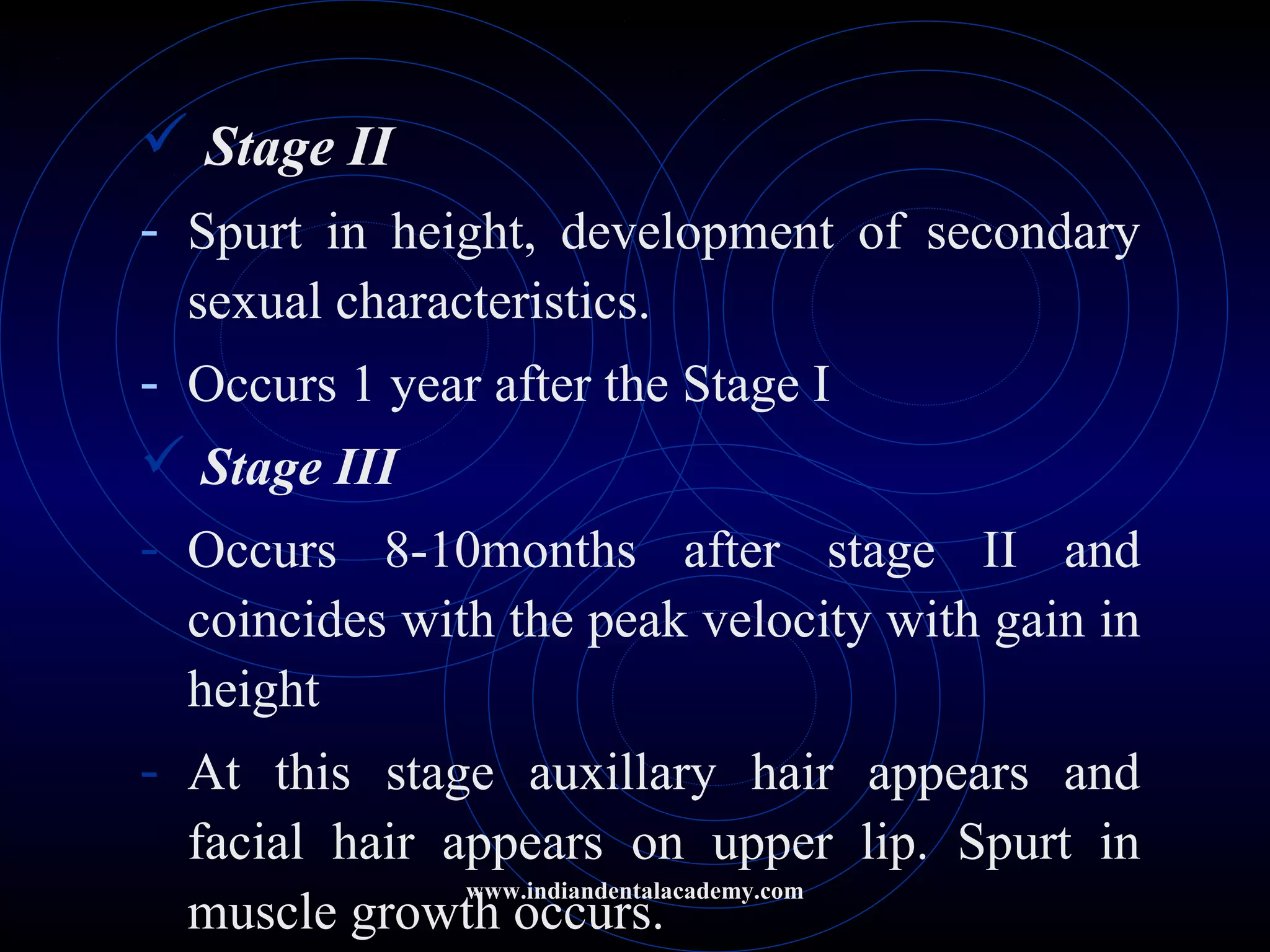  Stage II
- Spurt in height, development of secondary
sexual characteristics.
- Occurs 1 year after the Stage I
 Stage III
- Occurs 8-10months after stage II and
coincides with the peak velocity with gain in
height
- At this stage auxillary hair appears and
facial hair appears on upper lip. Spurt in
muscle growth occurs.
www.indiandentalacademy.com
 