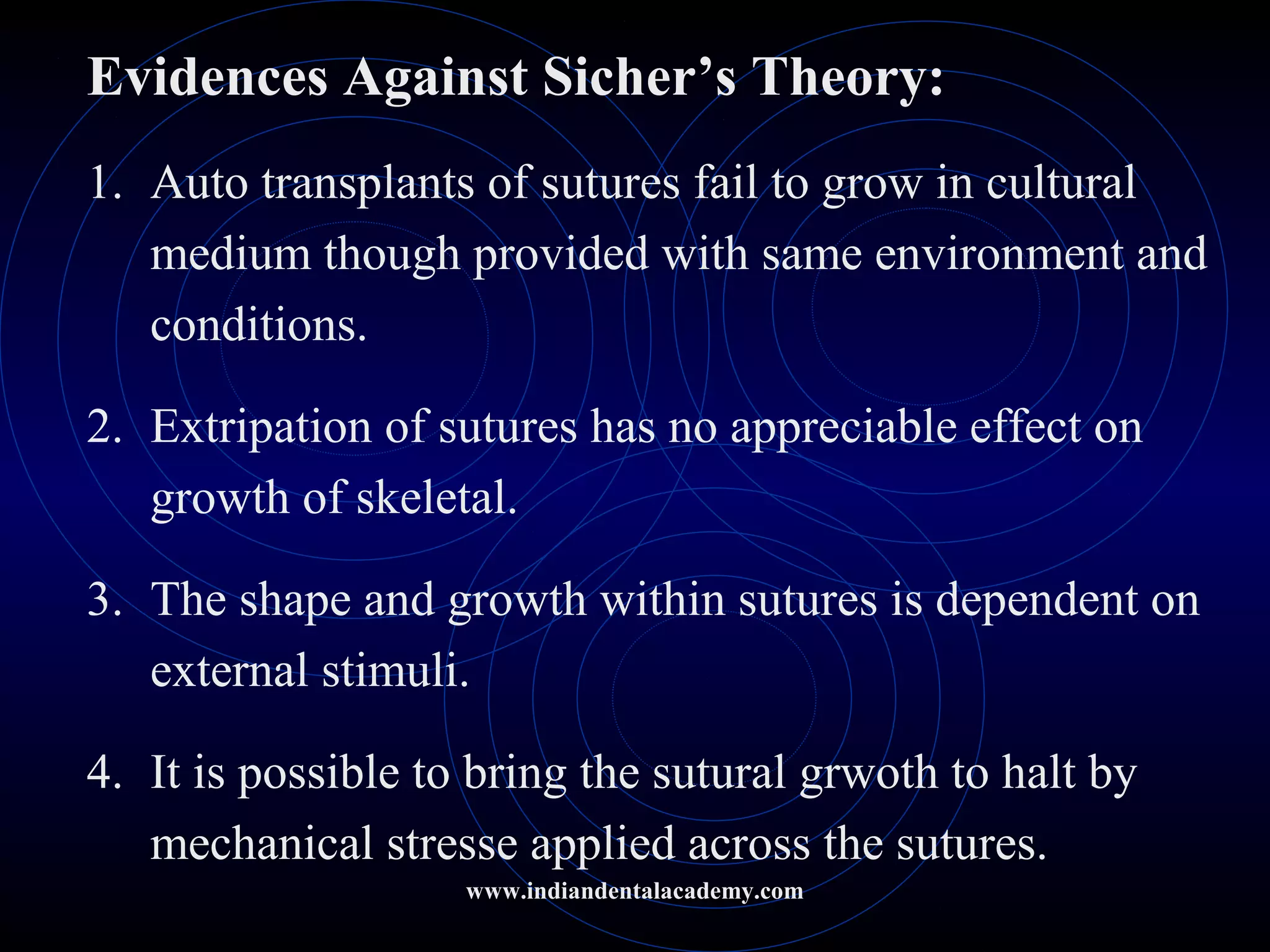 Evidences Against Sicher’s Theory:
1. Auto transplants of sutures fail to grow in cultural
medium though provided with same environment and
conditions.
2. Extripation of sutures has no appreciable effect on
growth of skeletal.
3. The shape and growth within sutures is dependent on
external stimuli.
4. It is possible to bring the sutural grwoth to halt by
mechanical stresse applied across the sutures.
www.indiandentalacademy.com
 