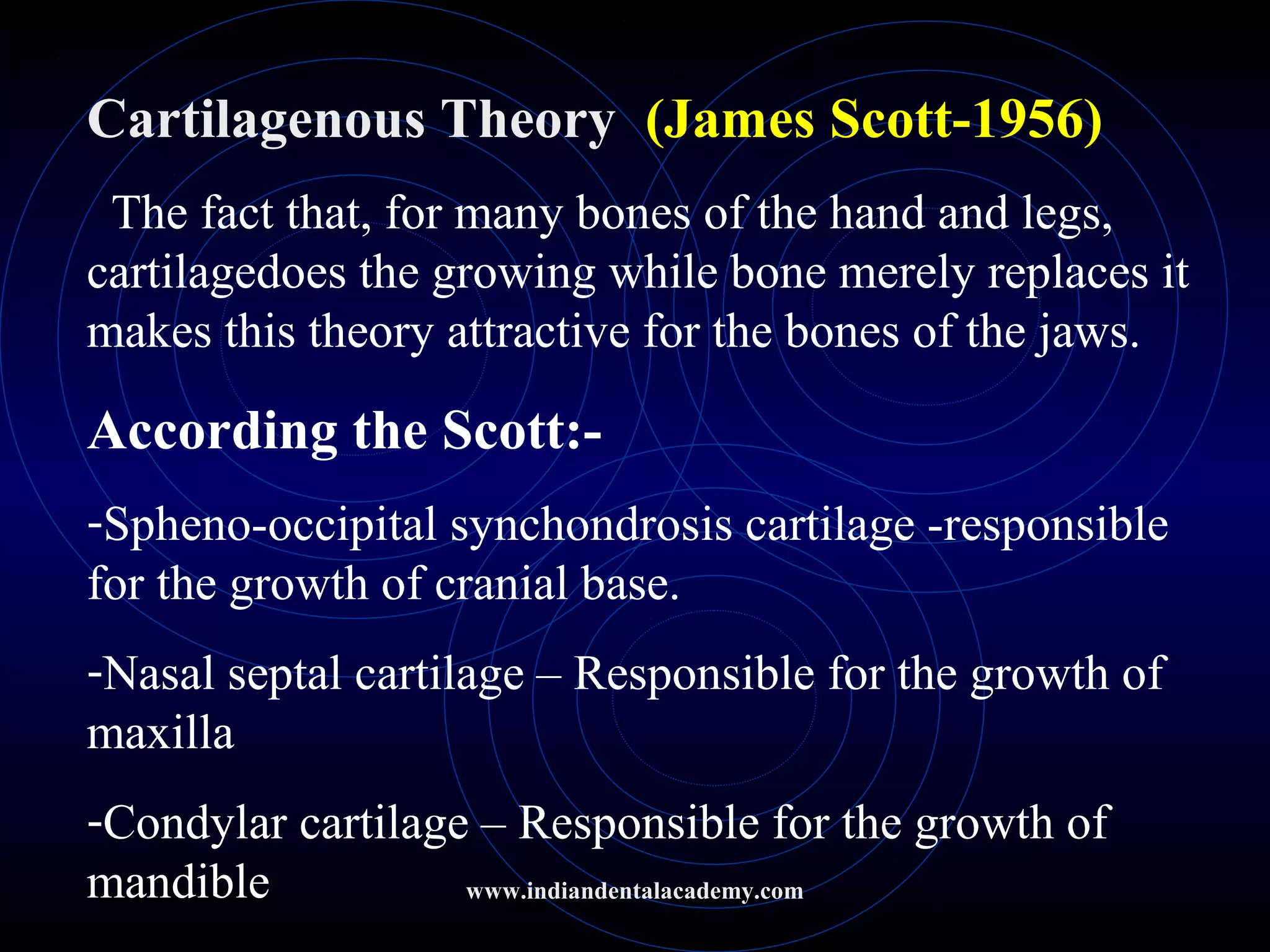 Cartilagenous Theory (James Scott-1956)
The fact that, for many bones of the hand and legs,
cartilagedoes the growing while bone merely replaces it
makes this theory attractive for the bones of the jaws.
According the Scott:-
-Spheno-occipital synchondrosis cartilage -responsible
for the growth of cranial base.
-Nasal septal cartilage – Responsible for the growth of
maxilla
-Condylar cartilage – Responsible for the growth of
mandible www.indiandentalacademy.com
 