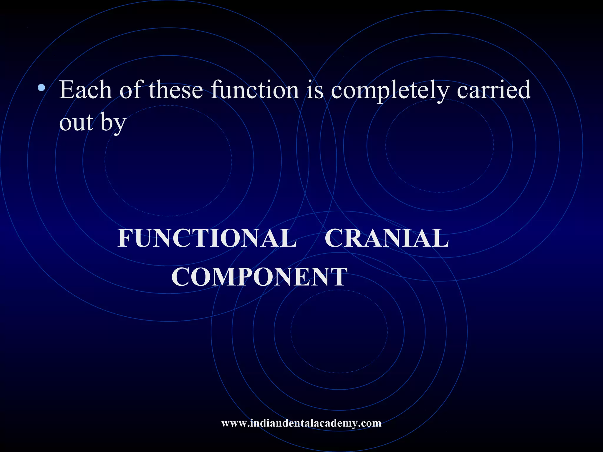 • Each of these function is completely carried
out by
FUNCTIONAL CRANIAL
COMPONENT
www.indiandentalacademy.com
 