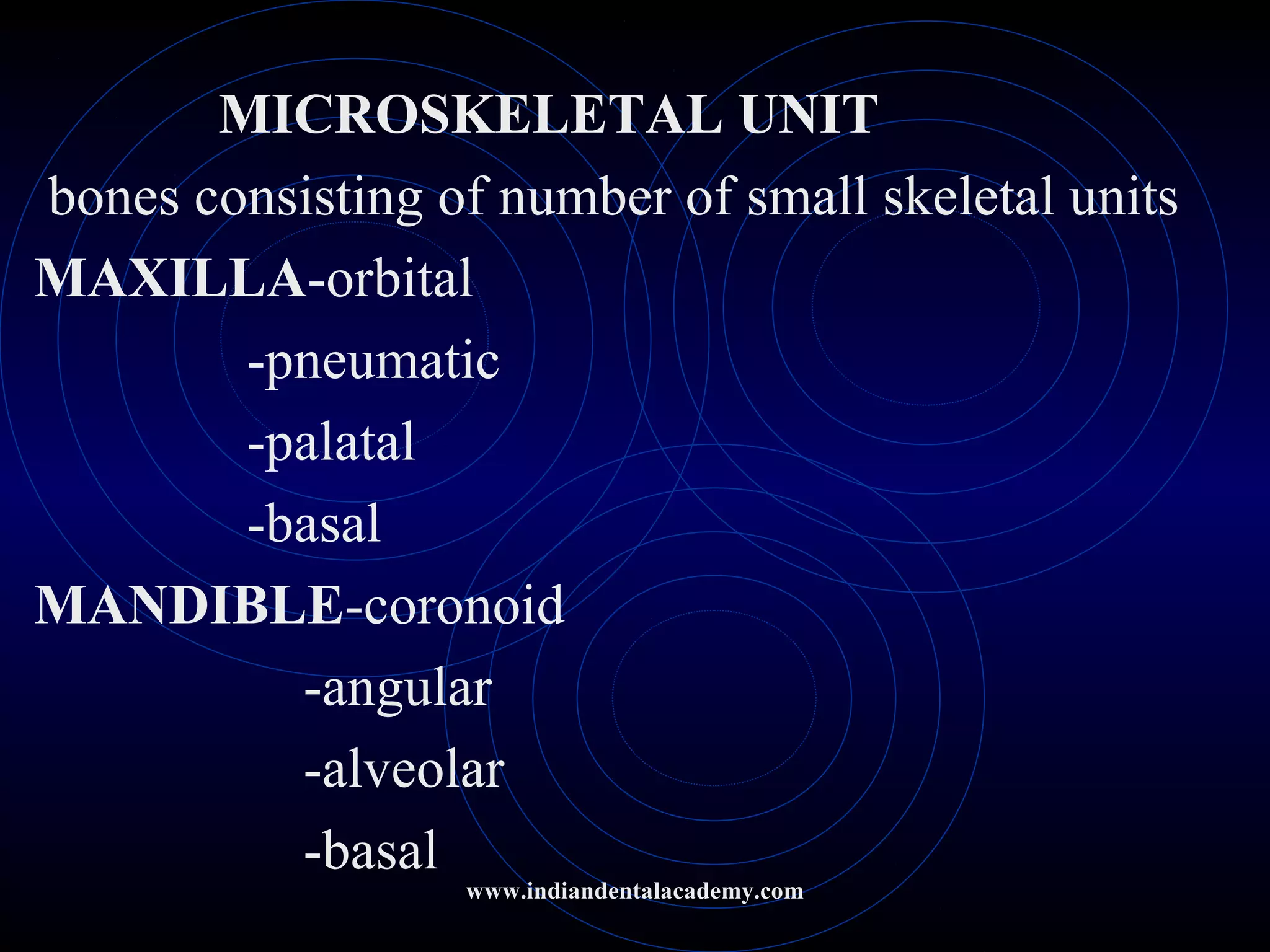 MICROSKELETAL UNIT
bones consisting of number of small skeletal units
MAXILLA-orbital
-pneumatic
-palatal
-basal
MANDIBLE-coronoid
-angular
-alveolar
-basal
www.indiandentalacademy.com
 