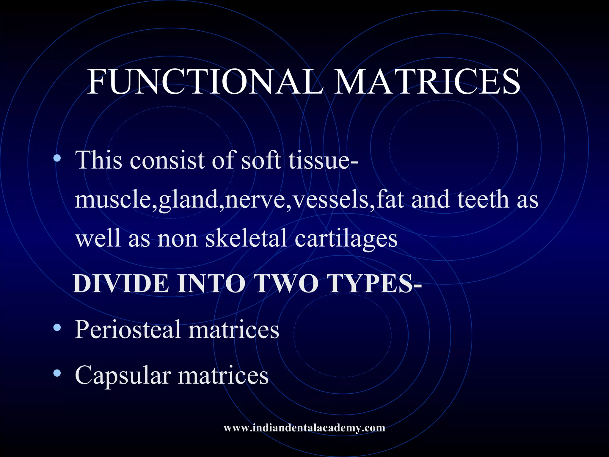 FUNCTIONAL MATRICES
• This consist of soft tissue-
muscle,gland,nerve,vessels,fat and teeth as
well as non skeletal cartilages
DIVIDE INTO TWO TYPES-
• Periosteal matrices
• Capsular matrices
www.indiandentalacademy.com
 