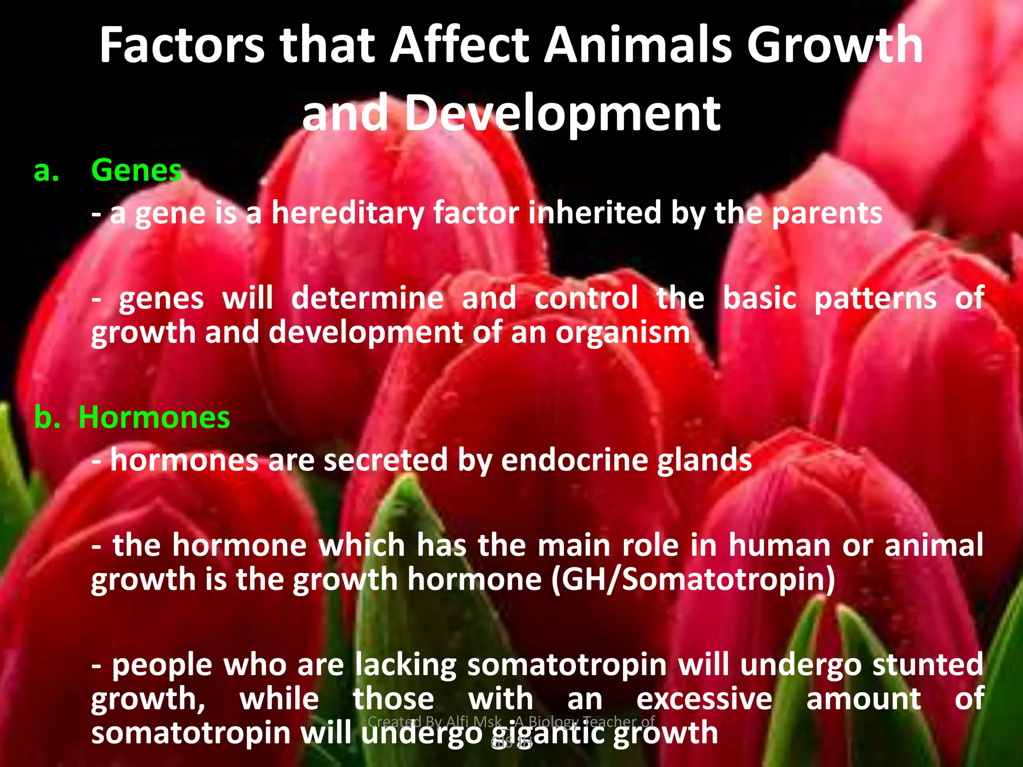 Factors that Affect Animals Growth
             and Development
a. Genes
   - a gene is a hereditary factor inherited by the parents

   - genes will determine and control the basic patterns of
   growth and development of an organism

b. Hormones
    - hormones are secreted by endocrine glands

   - the hormone which has the main role in human or animal
   growth is the growth hormone (GH/Somatotropin)

   - people who are lacking somatotropin will undergo stunted
   growth, while those with an excessive amount of
   somatotropin will undergo GIS A Biology Teacher of
                     Created By Alfi Msk_
                                       gigantic growth
                                          JH
 