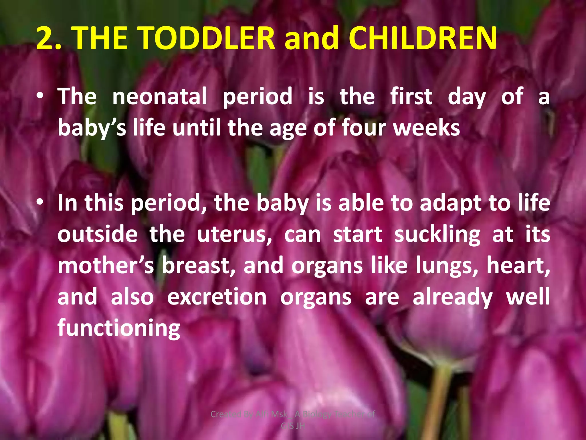 2. THE TODDLER and CHILDREN
• The neonatal period is the first day of a
  baby’s life until the age of four weeks

• In this period, the baby is able to adapt to life
  outside the uterus, can start suckling at its
  mother’s breast, and organs like lungs, heart,
  and also excretion organs are already well
  functioning


                 Created By Alfi Msk_ A Biology Teacher of
                                  GIS JH
 