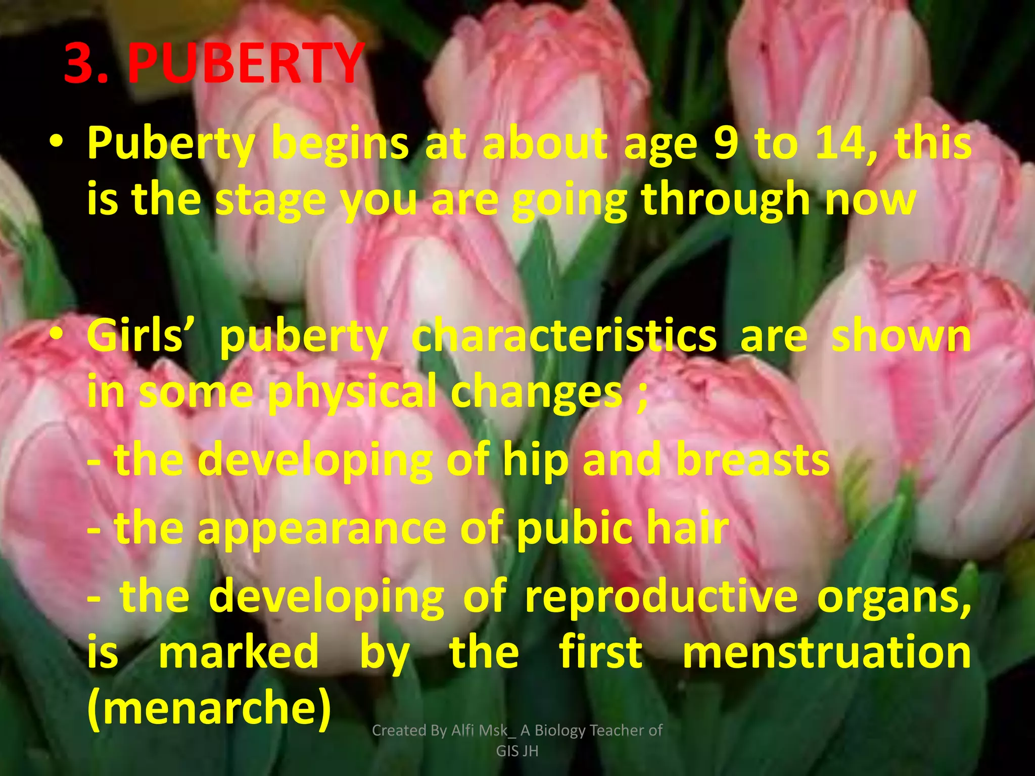3. PUBERTY
• Puberty begins at about age 9 to 14, this
  is the stage you are going through now

• Girls’ puberty characteristics are shown
  in some physical changes ;
  - the developing of hip and breasts
  - the appearance of pubic hair
  - the developing of reproductive organs,
  is marked by the first menstruation
  (menarche)   Created By Alfi Msk_ A Biology Teacher of
                                GIS JH
 