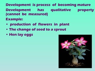 Development is process of becoming mature
Development      has    qualitative property
(cannot be measured)
Example:
• production of flowers in plant
• The change of seed to a sprout
• Hen lay eggs
 