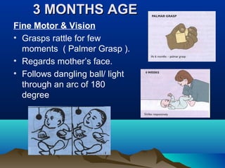 3 MONTHS AGE3 MONTHS AGE
Fine Motor & Vision
• Grasps rattle for few
moments ( Palmer Grasp ).
• Regards mother’s face.
• Follows dangling ball/ light
through an arc of 180
degree
 