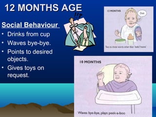 12 MONTHS AGE12 MONTHS AGE
Social Behaviour
• Drinks from cup
• Waves bye-bye.
• Points to desired
objects.
• Gives toys on
request.
 