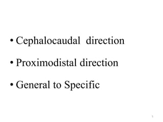 • Cephalocaudal direction 
• Proximodistal direction 
• General to Specific 
5 
 