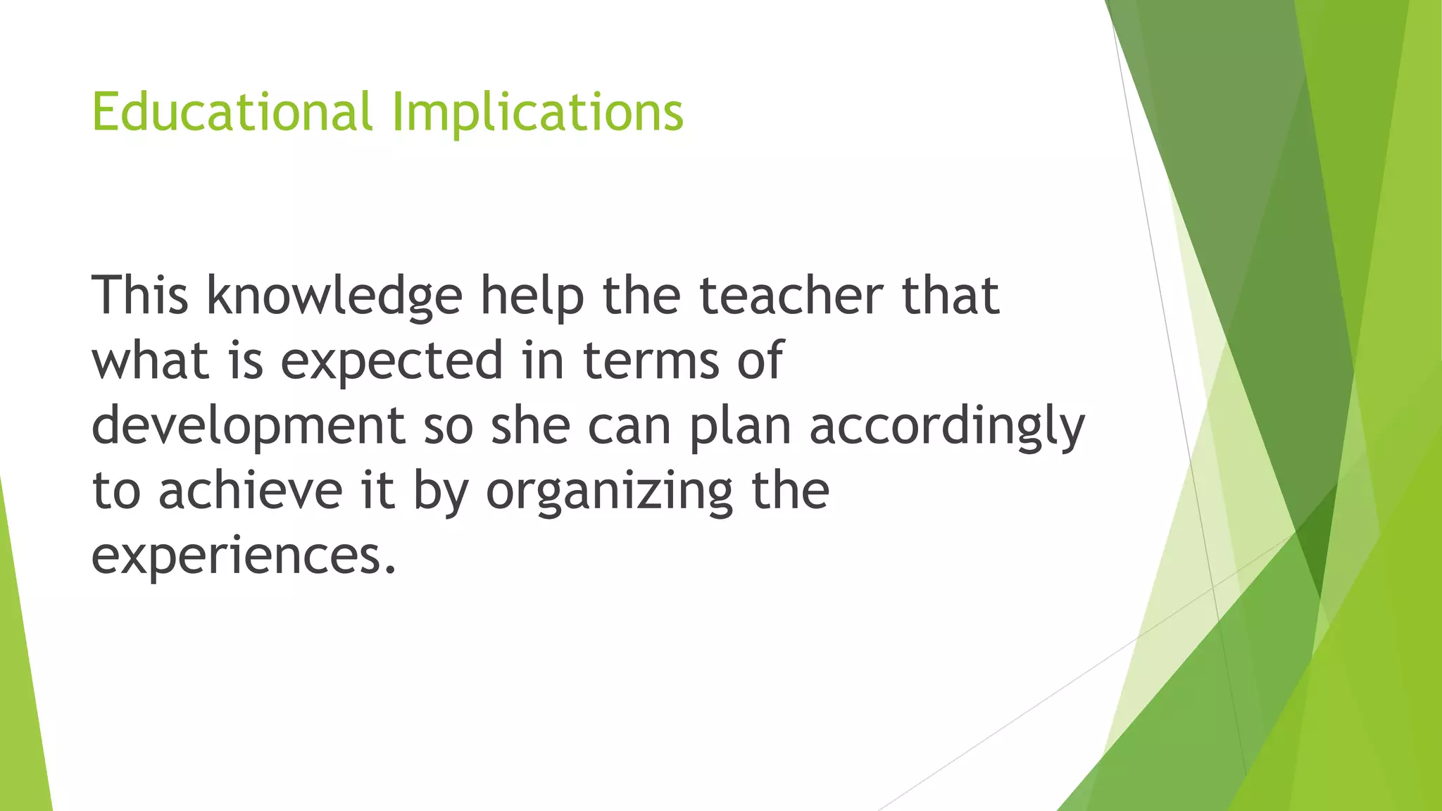 Educational Implications
This knowledge help the teacher that
what is expected in terms of
development so she can plan accordingly
to achieve it by organizing the
experiences.
 
