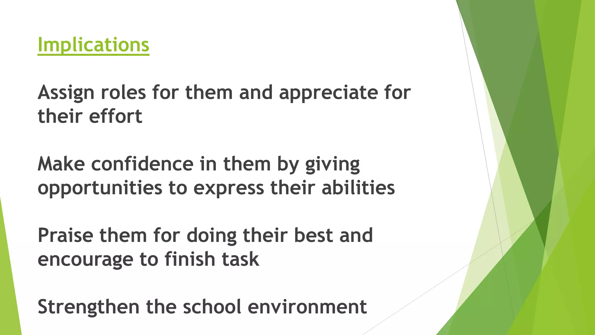Implications
Assign roles for them and appreciate for
their effort
Make confidence in them by giving
opportunities to express their abilities
Praise them for doing their best and
encourage to finish task
Strengthen the school environment
 