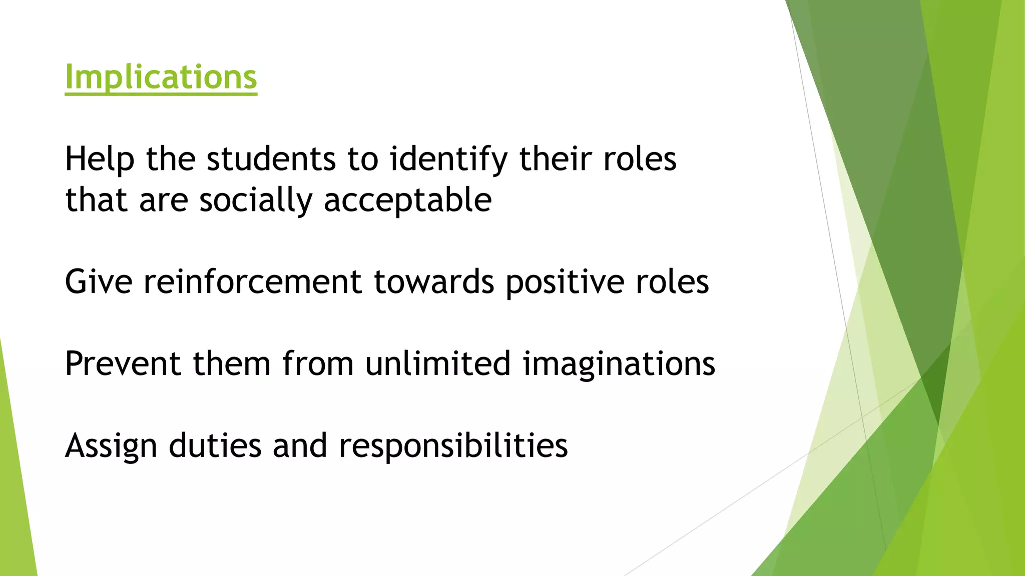 Implications
Help the students to identify their roles
that are socially acceptable
Give reinforcement towards positive roles
Prevent them from unlimited imaginations
Assign duties and responsibilities
 