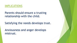 IMPLICATIONS
Parents should ensure a trusting
relationship with the child.
Satisfying the needs develops trust.
Anxiousness and anger develops
mistrust.
 