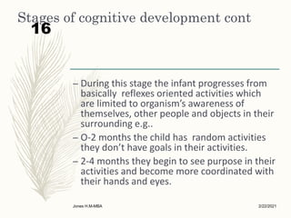 Stages of cognitive development cont
– During this stage the infant progresses from
basically reflexes oriented activities which
are limited to organism’s awareness of
themselves, other people and objects in their
surrounding e.g..
– O-2 months the child has random activities
they don’t have goals in their activities.
– 2-4 months they begin to see purpose in their
activities and become more coordinated with
their hands and eyes.
2/22/2021
Jones H.M-MBA
16
 