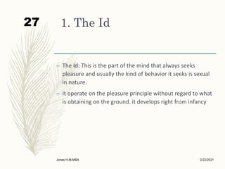 1. The Id
– The Id: This is the part of the mind that always seeks
pleasure and usually the kind of behavior it seeks is sexual
in nature.
– It operate on the pleasure principle without regard to what
is obtaining on the ground. it develops right from infancy
2/22/2021
Jones H.M-MBA
27
 