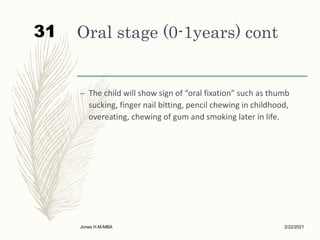 Oral stage (0-1years) cont
– The child will show sign of “oral fixation” such as thumb
sucking, finger nail bitting, pencil chewing in childhood,
overeating, chewing of gum and smoking later in life.
2/22/2021
Jones H.M-MBA
31
 