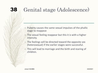 Genital stage (Adolescence)
– Puberty causes the same sexual impulses of the phallic
stage to reappear.
– The sexual feeling reappear but this it is with a higher
intensity.
– The feelings will be directed toward the opposite sex
(heterosexual) if the earlier stages were successful.
– This will lead to marriage and the birth and rearing of
children.
2/22/2021
Jones H.M-MBA
38
 