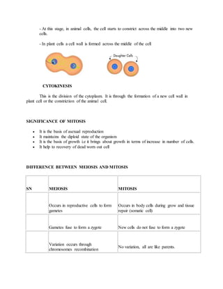 - At this stage, in animal cells, the cell starts to constrict across the middle into two new
cells.
- In plant cells a cell wall is formed across the middle of the cell
CYTOKINESIS
This is the division of the cytoplasm. It is through the formation of a new cell wall in
plant cell or the constriction of the animal cell.
SIGNIFICANCE OF MITOSIS
 It is the basis of asexual reproduction
 It maintains the diploid state of the organism
 It is the basis of growth i.e it brings about growth in terms of increase in number of cells.
 It help to recovery of dead worn out cell
DIFFERENCE BETWEEN MEIOSIS AND MITOSIS
SN MEIOSIS MITOSIS
Occurs in reproductive cells to form
gametes
Occurs in body cells during grow and tissue
repair (somatic cell)
Gametes fuse to form a zygote New cells do not fuse to form a zygote
Variation occurs through
chromosomes recombination
No variation, all are like parents.
 