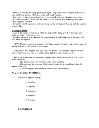 - Animals or sexually producing plants start as just a single cell which is formed after fusion of
male and female gametes. That fused single cell is called zygote.
- This single cell then grows and divides to form two cells which are identical in everything.
Each of the two newly formed cells will divide to form two cell. This process goes on until a
whole organism is formed.
- The newly formed organism is still very young and the cell keep on dividing until the organism
becomes fully.
Meaning of mitosis
Mitosis is the process or an event in which the cells divide during growth to form new cells
which are similar to the parent cells.
- Therefore mitosis is very important for growth because it leads to increase in the number of
cells within an organism.
NOTE: Meiosis occurs in reproductive cells during gamete formation while mitosis occurs in
somatic cells during the growth of an organism.
- During mitosis, two daughter cells (new cells) are formed. Each daughter cell has the same
number of chromosomes that is 46 and therefore diploid just like the parent cells.
NOTE: - Chromosomes are thread like structure found within the nucleus of cells of both
plants and animals.
- The chromosomes become visible when a cell is dividing.
- Chromosomes are composed of chromatin threads that are spread out within the
nucleus of the cell.
- It carries the genes that determine an individuals characteristics.
PHASES (STAGES) OF MITOSIS
 It consists of 5 phases namely;
1. Interphase
2. Prophase
3. Metaphase
4. Anaphase
5. Telophase
1. INTERPHASE
 