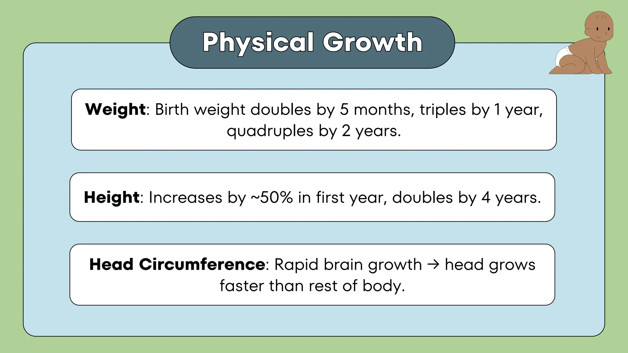 Physical Growth
Physical Growth
Weight: Birth weight doubles by 5 months, triples by 1 year,
quadruples by 2 years.
Height: Increases by ~50% in first year, doubles by 4 years.
Head Circumference: Rapid brain growth → head grows
faster than rest of body.
 