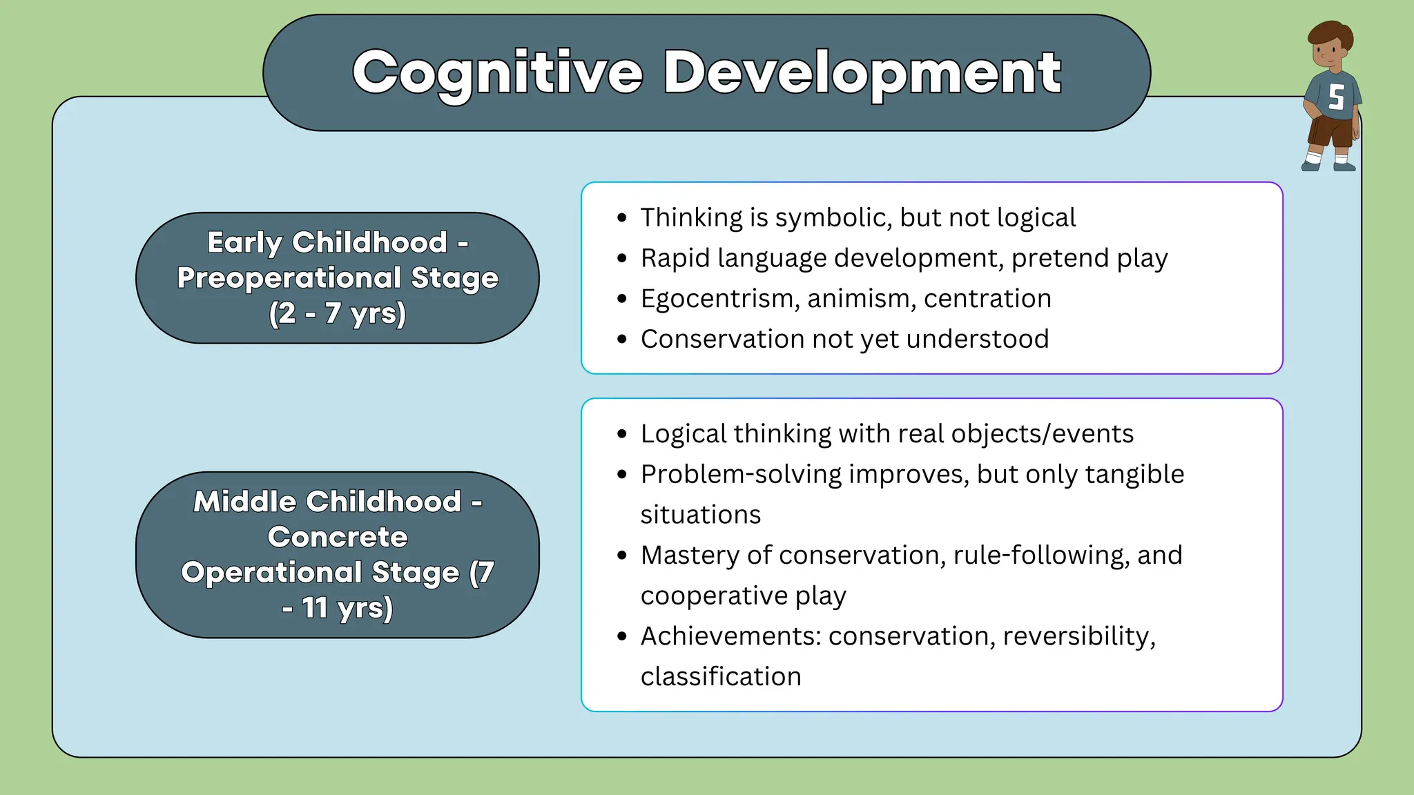 Cognitive Development
Cognitive Development
Middle Childhood -
Concrete
Operational Stage (7
- 11 yrs)
Middle Childhood -
Concrete
Operational Stage (7
- 11 yrs)
Thinking is symbolic, but not logical
Rapid language development, pretend play
Egocentrism, animism, centration
Conservation not yet understood
Logical thinking with real objects/events
Problem-solving improves, but only tangible
situations
Mastery of conservation, rule-following, and
cooperative play
Achievements: conservation, reversibility,
classification
Early Childhood -
Preoperational Stage
(2 - 7 yrs)
Early Childhood -
Preoperational Stage
(2 - 7 yrs)
 