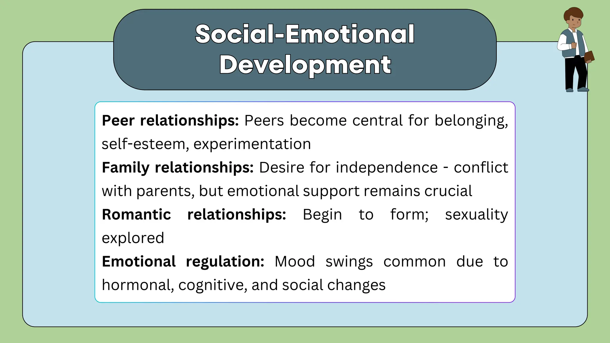 Peer relationships: Peers become central for belonging,
self-esteem, experimentation
Family relationships: Desire for independence - conflict
with parents, but emotional support remains crucial
Romantic relationships: Begin to form; sexuality
explored
Emotional regulation: Mood swings common due to
hormonal, cognitive, and social changes
Social-Emotional
Development
Social-Emotional
Development
 