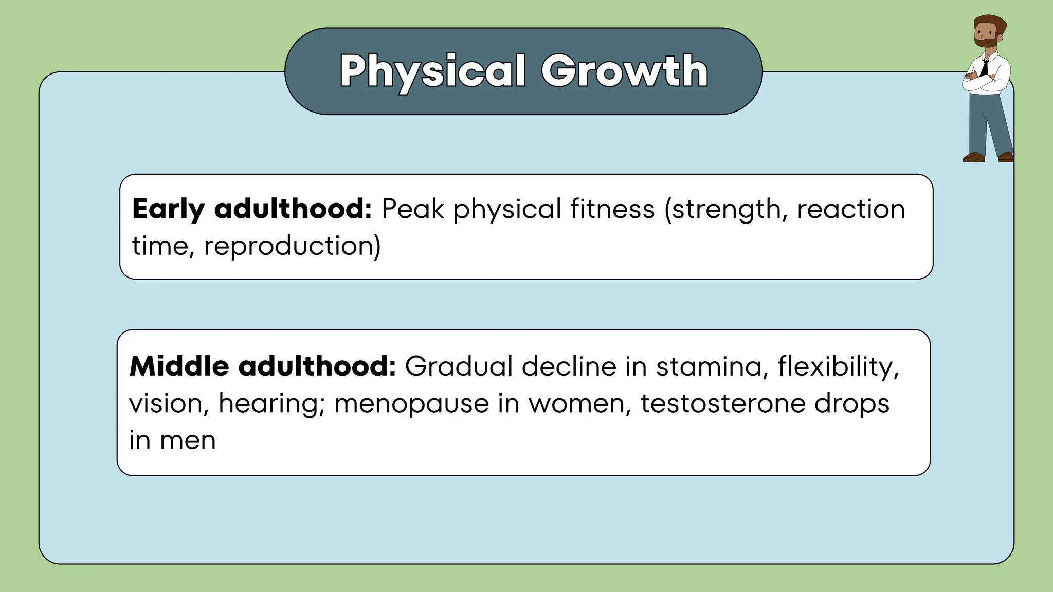 Physical Growth
Physical Growth
Early adulthood: Peak physical fitness (strength, reaction
time, reproduction)
Middle adulthood: Gradual decline in stamina, flexibility,
vision, hearing; menopause in women, testosterone drops
in men
 