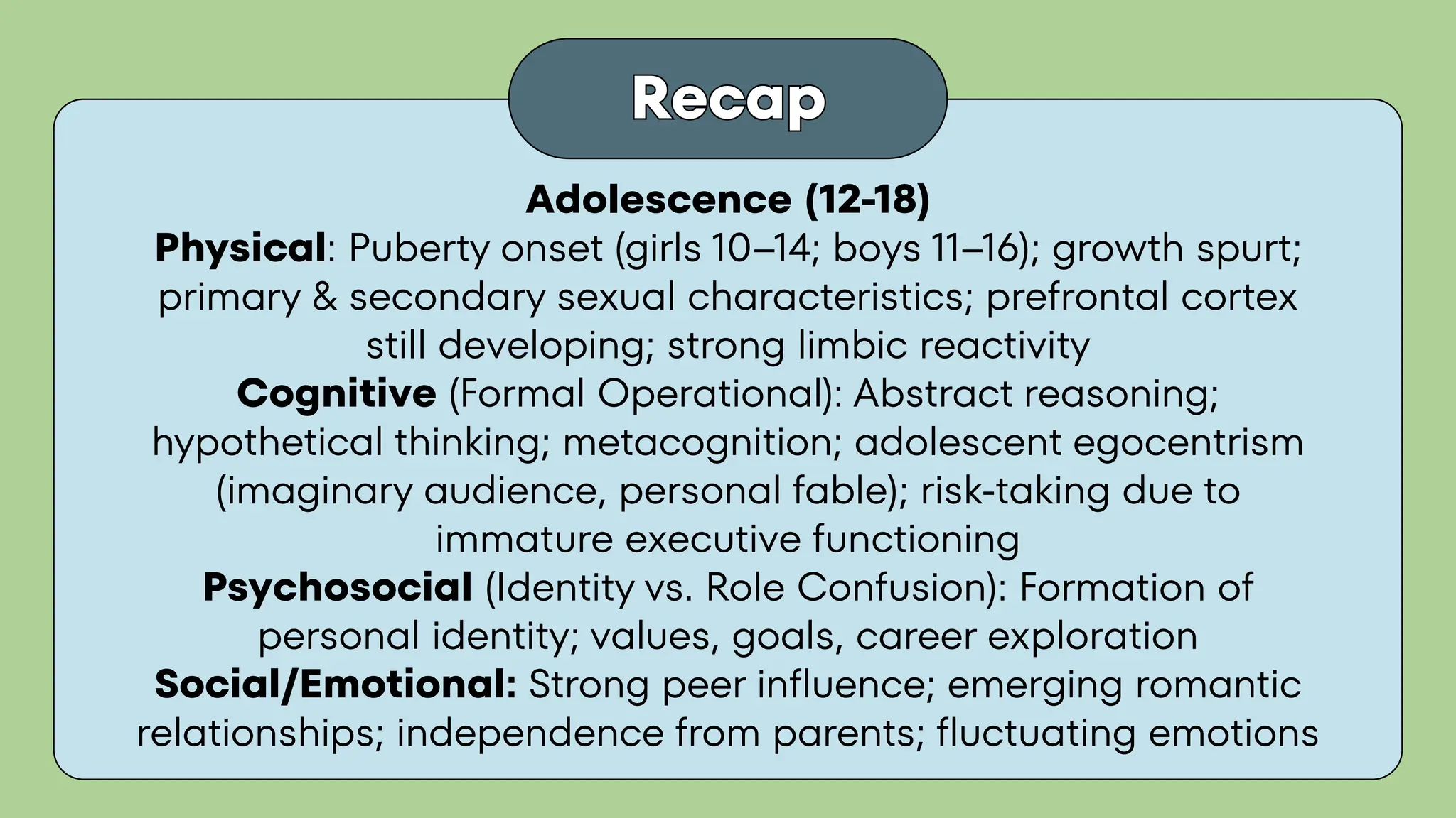Recap
Recap
Adolescence (12-18)
Physical: Puberty onset (girls 10–14; boys 11–16); growth spurt;
primary & secondary sexual characteristics; prefrontal cortex
still developing; strong limbic reactivity
Cognitive (Formal Operational): Abstract reasoning;
hypothetical thinking; metacognition; adolescent egocentrism
(imaginary audience, personal fable); risk-taking due to
immature executive functioning
Psychosocial (Identity vs. Role Confusion): Formation of
personal identity; values, goals, career exploration
Social/Emotional: Strong peer influence; emerging romantic
relationships; independence from parents; fluctuating emotions
 