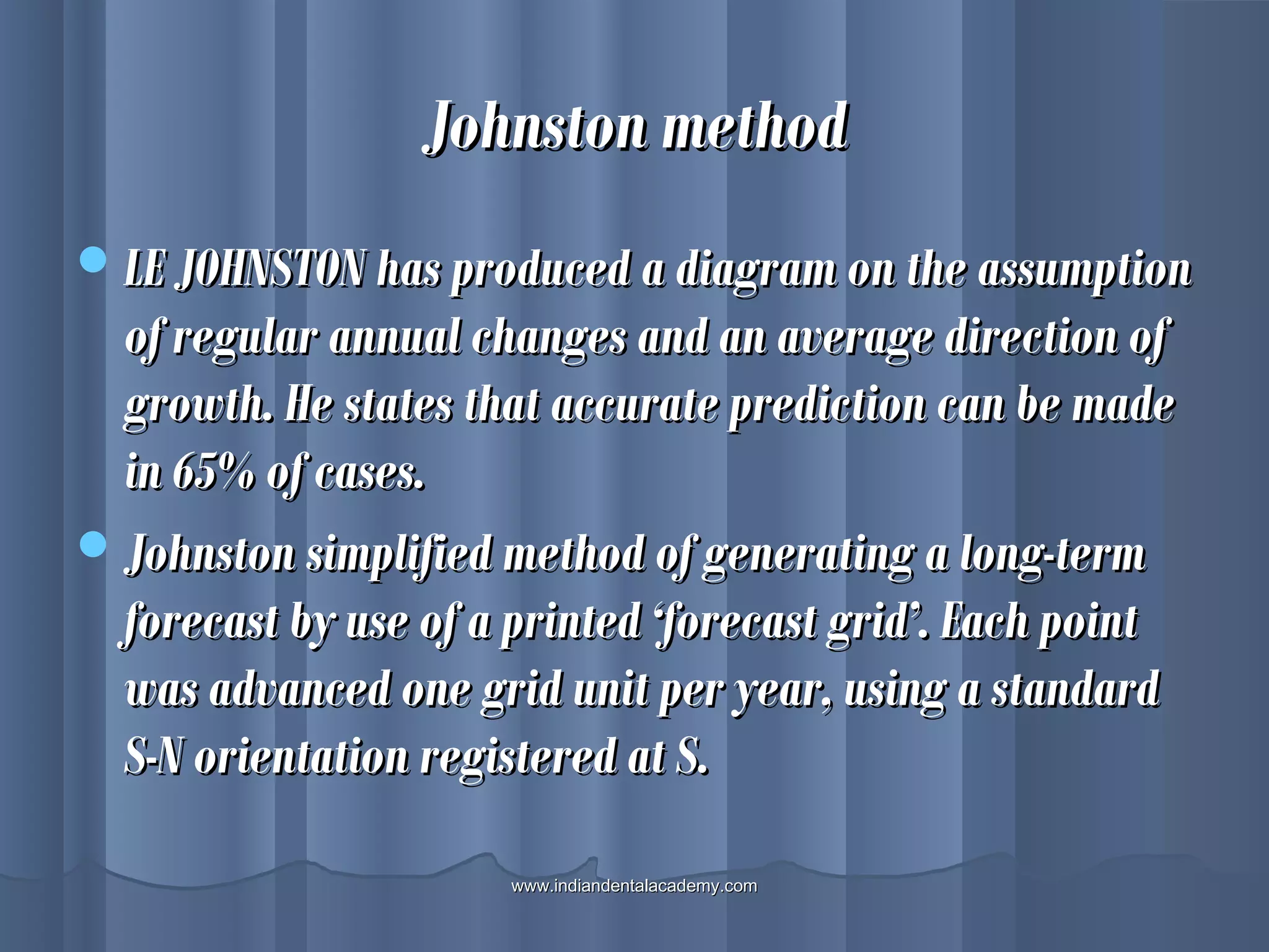 Johnston methodJohnston method
LE JOHNSTON has produced a diagram on the assumptionLE JOHNSTON has produced a diagram on the assumption
of regular annual changes and an average direction ofof regular annual changes and an average direction of
growth. He states that accurate prediction can be madegrowth. He states that accurate prediction can be made
in 65% of cases.in 65% of cases.
Johnston simplified method of generating a long-termJohnston simplified method of generating a long-term
forecast by use of a printed ‘forecast grid’. Each pointforecast by use of a printed ‘forecast grid’. Each point
was advanced one grid unit per year, using a standardwas advanced one grid unit per year, using a standard
S-N orientation registered at S.S-N orientation registered at S.
www.indiandentalacademy.comwww.indiandentalacademy.com
 