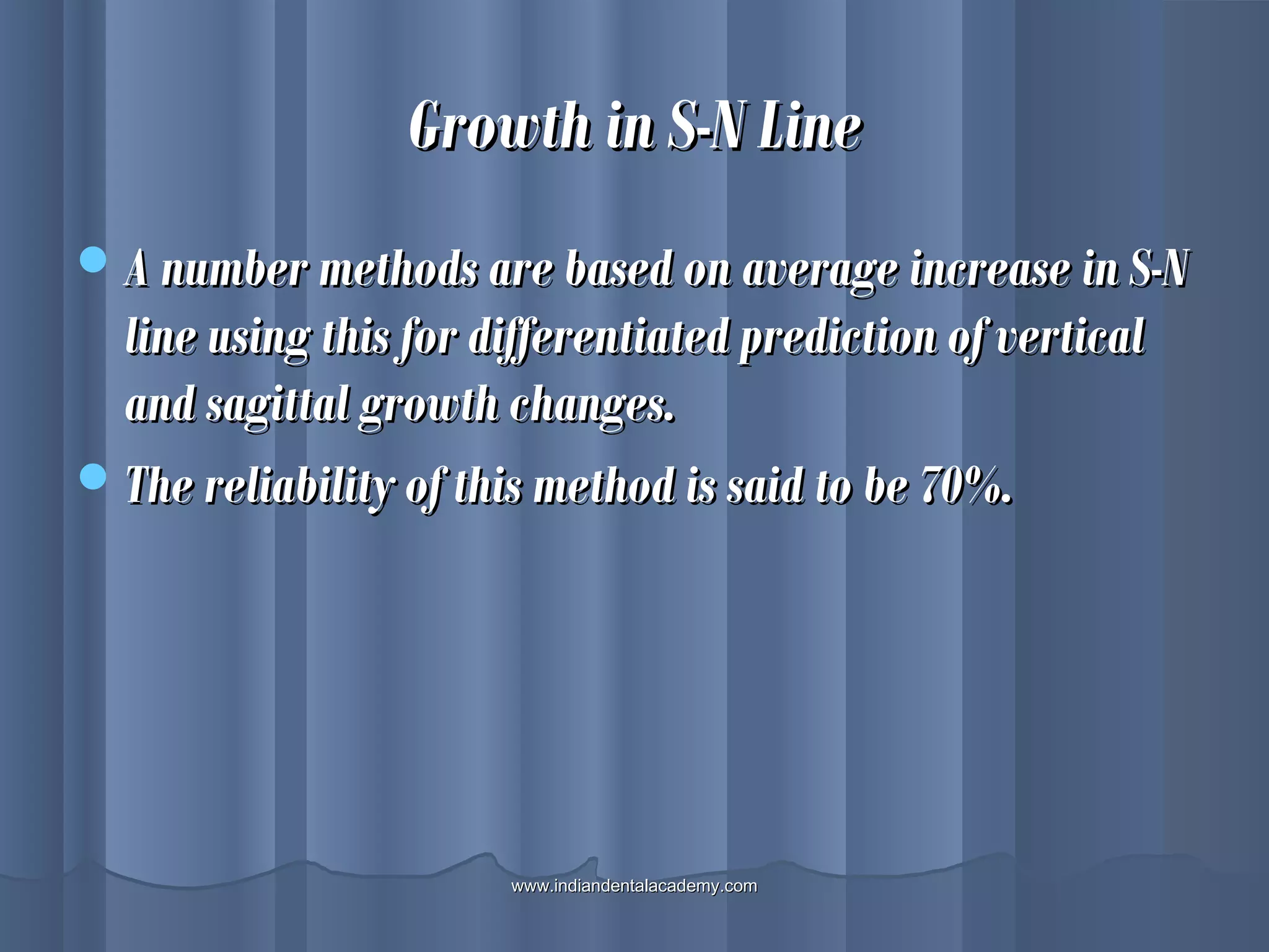 Growth in S-N LineGrowth in S-N Line
A number methods are based on average increase in S-NA number methods are based on average increase in S-N
line using this for differentiated prediction of verticalline using this for differentiated prediction of vertical
and sagittal growth changes.and sagittal growth changes.
The reliability of this method is said to be 70%.The reliability of this method is said to be 70%.
www.indiandentalacademy.comwww.indiandentalacademy.com
 