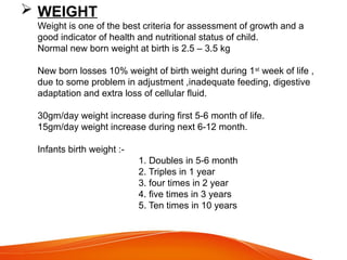  WEIGHT
Weight is one of the best criteria for assessment of growth and a
good indicator of health and nutritional status of child.
Normal new born weight at birth is 2.5 – 3.5 kg
New born losses 10% weight of birth weight during 1st
week of life ,
due to some problem in adjustment ,inadequate feeding, digestive
adaptation and extra loss of cellular fluid.
30gm/day weight increase during first 5-6 month of life.
15gm/day weight increase during next 6-12 month.
Infants birth weight :-
1. Doubles in 5-6 month
2. Triples in 1 year
3. four times in 2 year
4. five times in 3 years
5. Ten times in 10 years
 