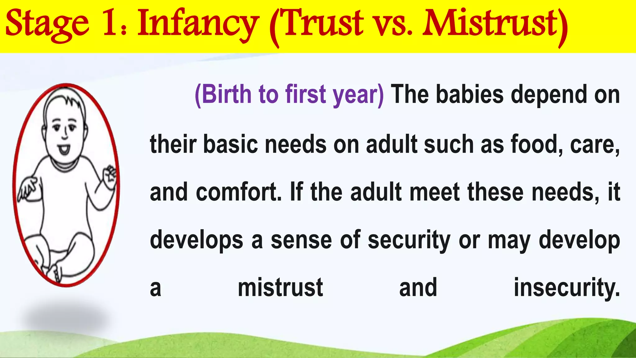 (Birth to first year) The babies depend on
their basic needs on adult such as food, care,
and comfort. If the adult meet these needs, it
develops a sense of security or may develop
a mistrust and insecurity.
Stage 1: Infancy (Trust vs. Mistrust)
 