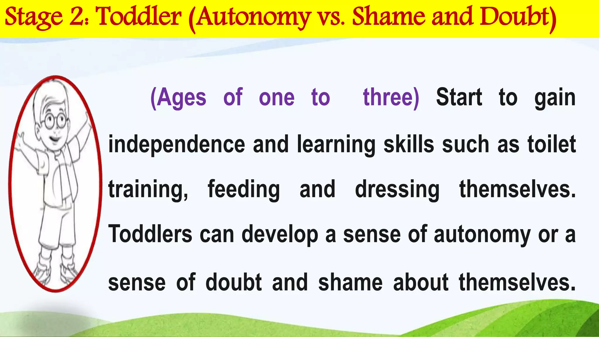(Ages of one to three) Start to gain
independence and learning skills such as toilet
training, feeding and dressing themselves.
Toddlers can develop a sense of autonomy or a
sense of doubt and shame about themselves.
Stage 2: Toddler (Autonomy vs. Shame and Doubt)
 
