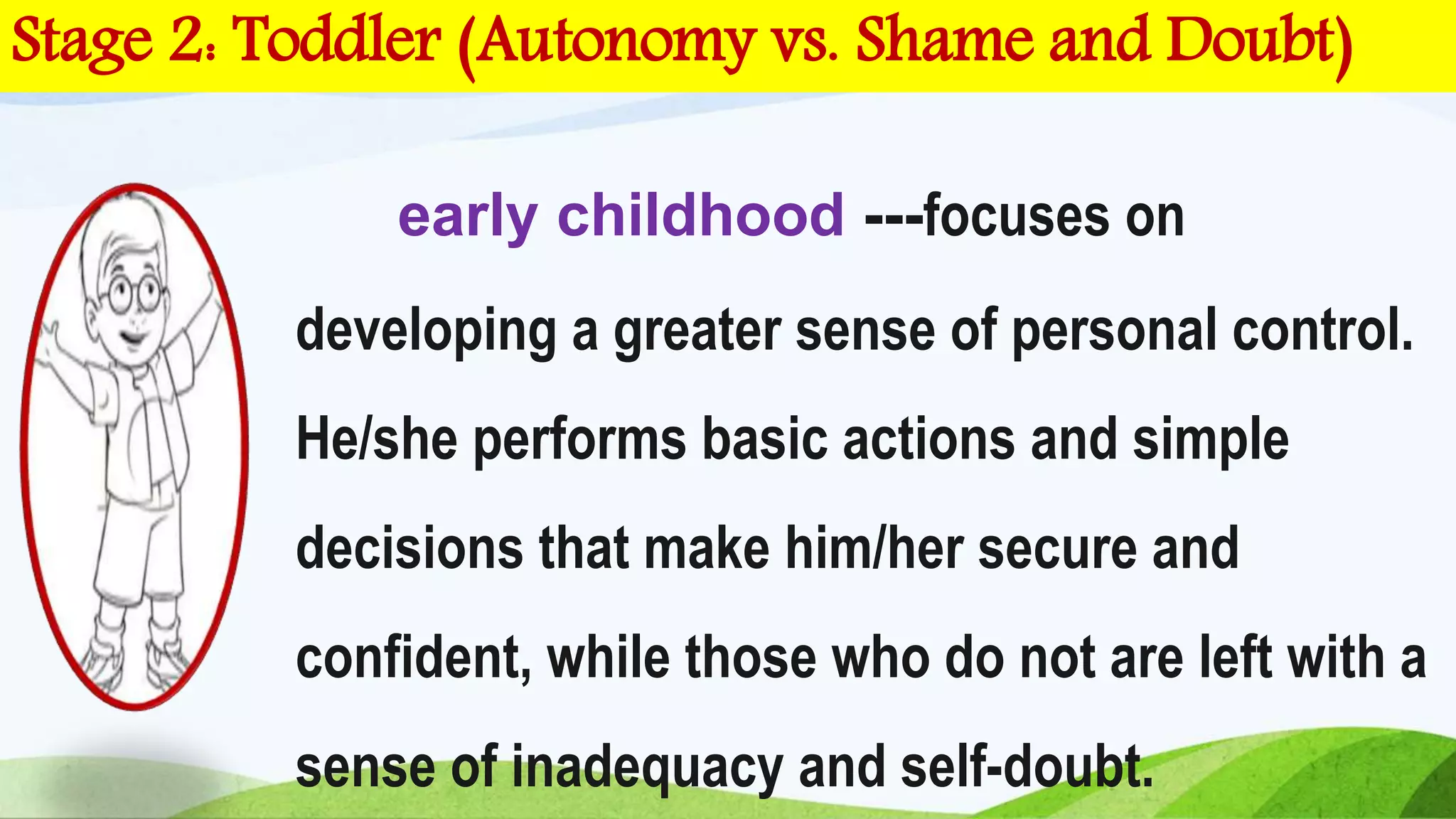 early childhood ---focuses on
developing a greater sense of personal control.
He/she performs basic actions and simple
decisions that make him/her secure and
confident, while those who do not are left with a
sense of inadequacy and self-doubt.
Stage 2: Toddler (Autonomy vs. Shame and Doubt)
 