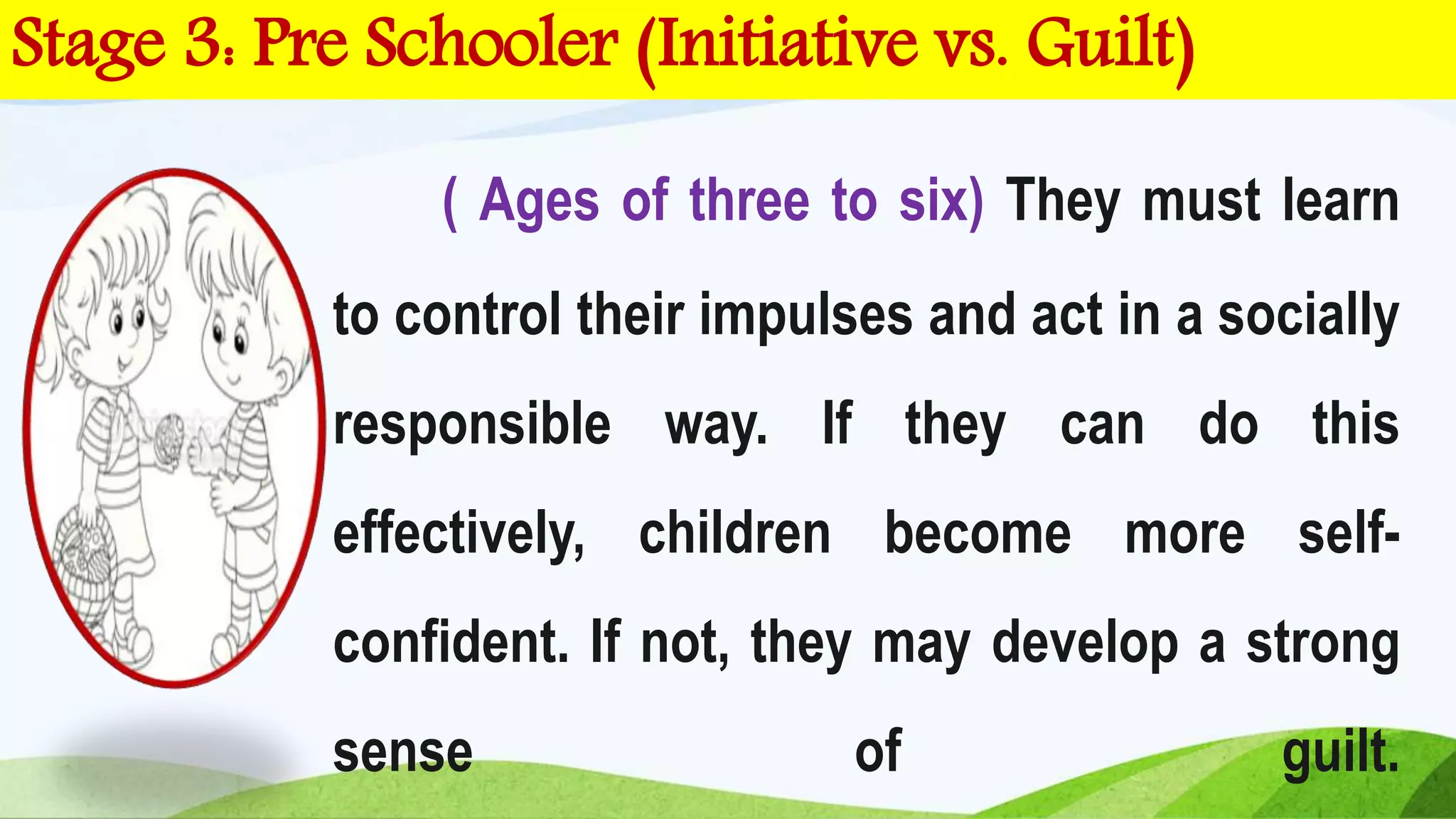 ( Ages of three to six) They must learn
to control their impulses and act in a socially
responsible way. If they can do this
effectively, children become more self-
confident. If not, they may develop a strong
sense of guilt.
Stage 3: Pre Schooler (Initiative vs. Guilt)
 
