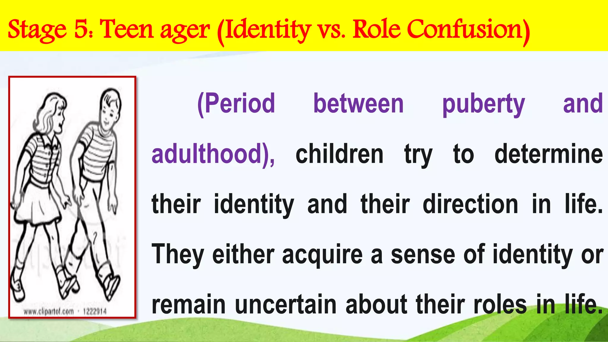 (Period between puberty and
adulthood), children try to determine
their identity and their direction in life.
They either acquire a sense of identity or
remain uncertain about their roles in life.
Stage 5: Teen ager (Identity vs. Role Confusion)
 