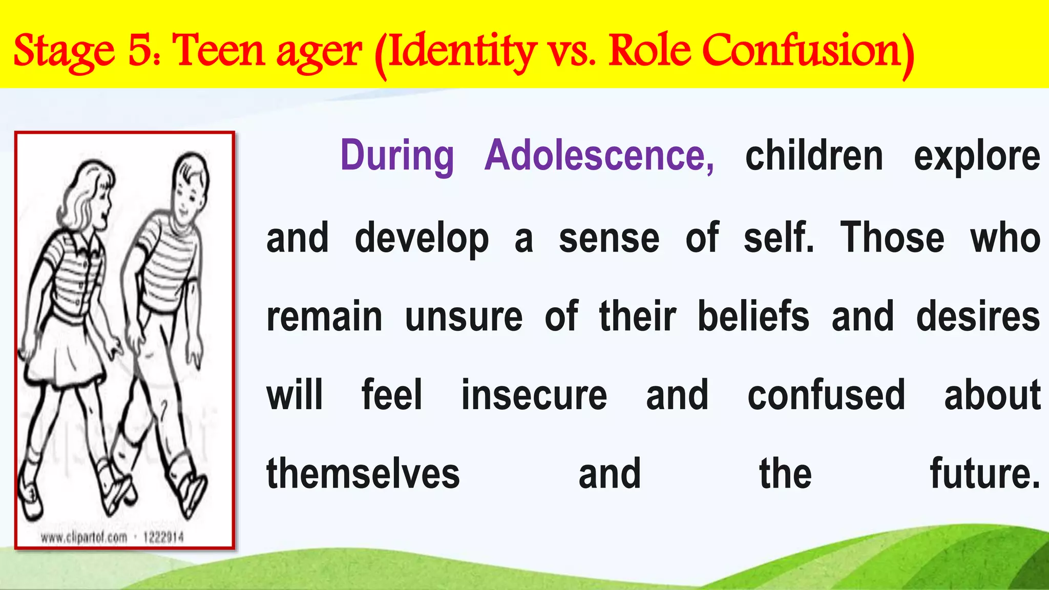 During Adolescence, children explore
and develop a sense of self. Those who
remain unsure of their beliefs and desires
will feel insecure and confused about
themselves and the future.
Stage 5: Teen ager (Identity vs. Role Confusion)
 