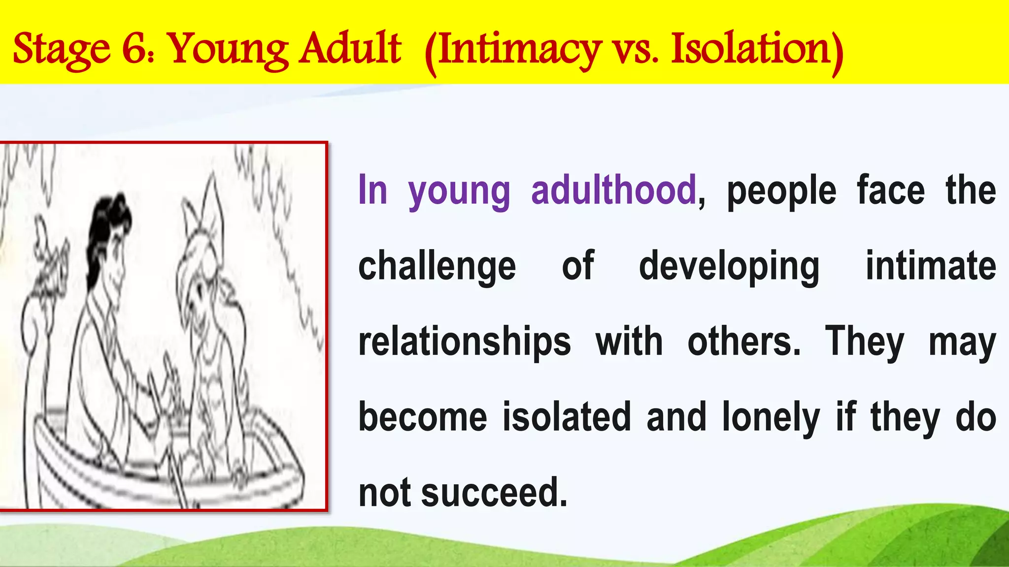 Stage 6: Young Adult (Intimacy vs. Isolation)
In young adulthood, people face the
challenge of developing intimate
relationships with others. They may
become isolated and lonely if they do
not succeed.
 